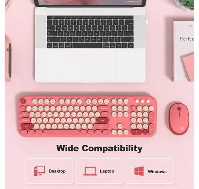 Main image of KNOWSQT Wireless Keyboard and Mouse Combo - Lovely Red Rainbow Full-Sized Typewriter Colorful Keyboards, Round Keycap USB Plug Play Retro Cute Keyboards for Windows, Laptop, PC, Desktop, Computer