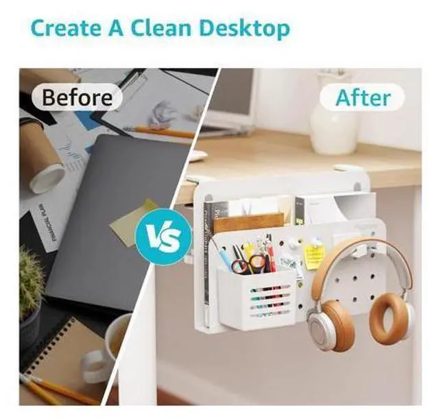 Main image of PEGZONE Desk Side Storage Organizer, No Drill Under Desk Laptop Holder, Clamp on Desk Shelf with Pegboard Accessories, Hanging Laptop Mount, Fits Flat Edge Desks 0.4" to 2.2", White