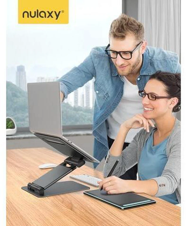 Main image of Height Adjustable Laptop Stand for Desk Dual Foldable Aluminum Computer Riser Pull Out Design Ergonomic Sit to Notebook Holder Convertor Compatible with All 10-17 Laptops Tablets Gray