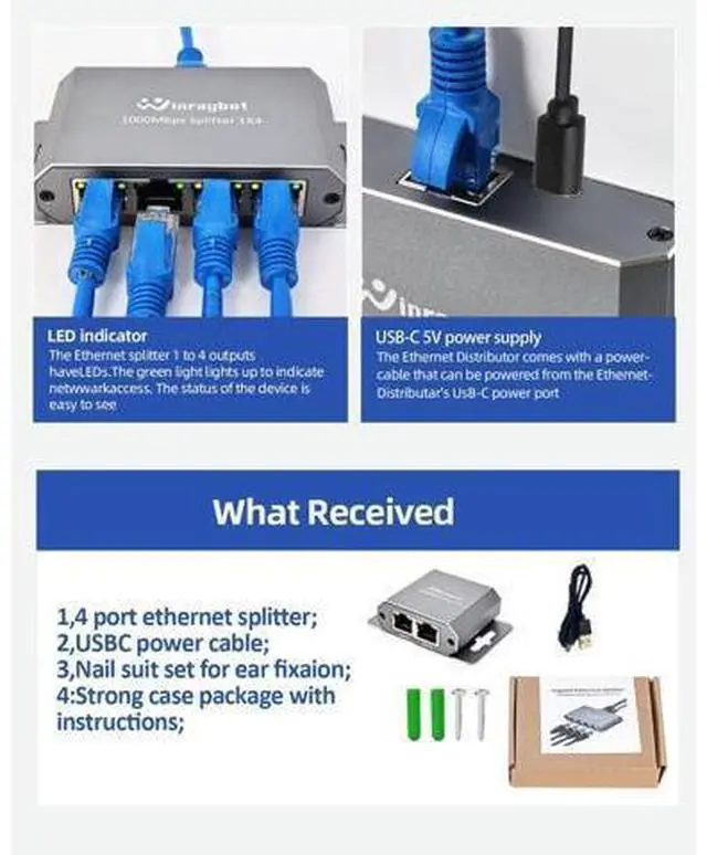 Main image of ethernet Splitter 1 to 2 ethernet hub 2 Port,RJ45 Cable Splitter fixable RJ45 Internet Switch Internet Splitter, 1000Mbps for Cat 5/5e/6/7/8 Cable,Can be Fixed to The Wall