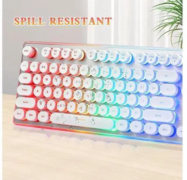Main image of Typewriter Style Keyboard with Metal Panel, Rainbow LED Backlit, Round Keys, Anti-ghosting, Spill Resistant, Light Up USB Wired Retro 104 Keys for Office/Gaming, White/Silver