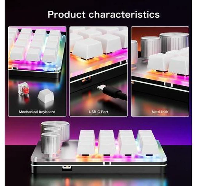 Main image of PUSOKEI Custom Keypad, 16 Key Programmable Macro Pad with 3 knobs, Mechanical Keyboard with LED Backlit, Red Switch, Wired USB C Gaming Keyboard for PC Laptop (White)