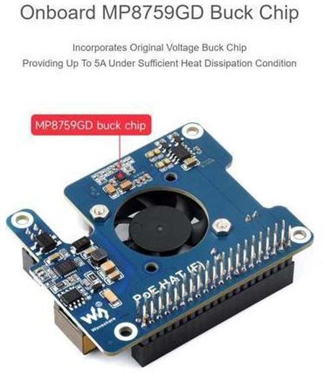 Main image of waveshare PoE HAT (F) for Raspberry Pi 5,Power Over Ethernet HAT (F) Expansion Board for Raspberry Pi 5,802.3af/at Network Standard,High Power, Onboard Cooling Fan, with Metal Heatsink