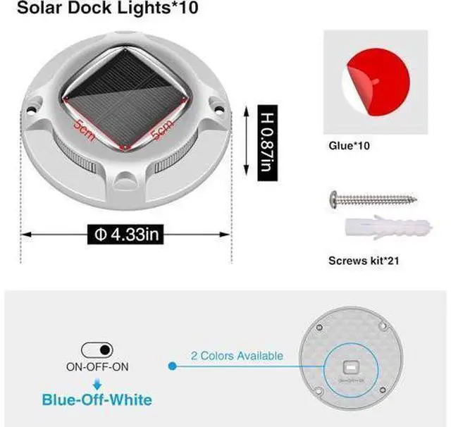 Main image of Solar Driveway Lights with 2 Color Modes, IP68 Waterproof Solar Deck Lights 10 Pack, Outdoor LED Solar Dock Lights Marine Marker Lights for Step, Sidewalk, Pathway, Patio, Garden (Blue/White)