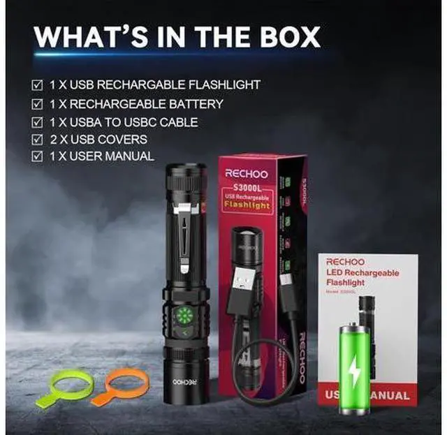 Main image of Rechargeable Flashlights High Lumens Double Switch S3000L LED Flashlight Super Bright 5 Modes Zoomable Waterproof EDC Flashlights for Home Emergncies Camping(Battery Included)
