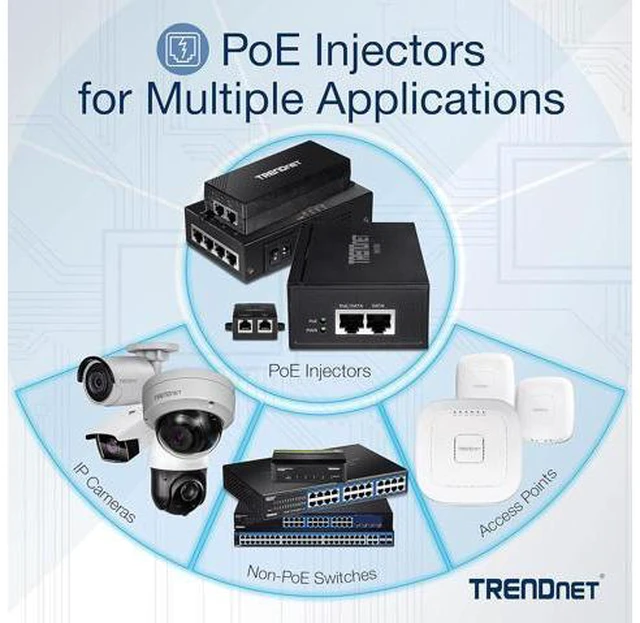 Main image of TRENDnet Gigabit PoE++ Injector, Convert A Non-PoE Port to A PoE++ Gigabit Port, PoE (15.4W), PoE+ (30W), Or PoE++ (95W), Up to 100m (328 ft), Integrated Power Supply, Black, TPE-119GI