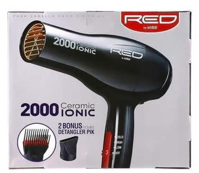 Main image of RED by Kiss Hair Dryer Ionic Hair Blow Dryer - Ceramic Technology, Anti-Frizz, 3 Heat Settings, Lightweight, 2 Detangler Piks