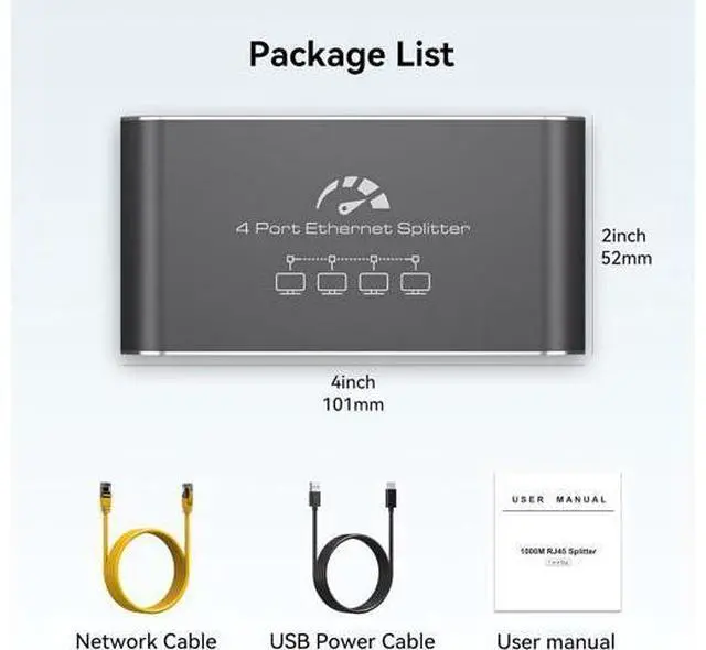 Main image of Ethernet Splitter 1 to 4 1000Mbps High Speed Internet Splitter, Gigabit Network Splitter with an Ethernet Cable and a USB Power Cable, 1 in 4 Out LAN RJ45 Splitter Work with Cat 6/7/8 Cable