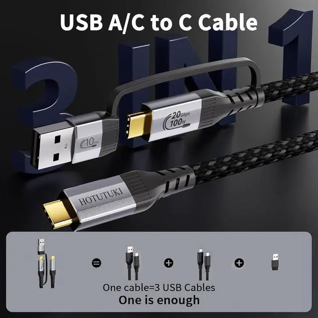Alt view image 2 of 7 - Long USB a to USB c Cable 16.5FT Multi Functional 2in1, usbc 3.2 Gen 2X2,20Gbps High Speed Data Transfer,4K@60Hz UHD Video 5A/100W Fast Charge Cord Compatible with Thunderbolt 3/4, Braided
