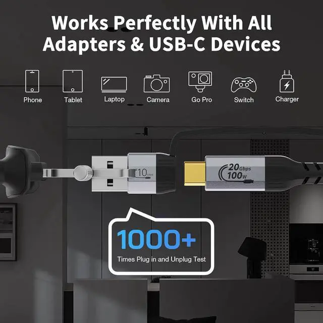 Alt view image 6 of 7 - Long USB a to USB c Cable 16.5FT Multi Functional 2in1, usbc 3.2 Gen 2X2,20Gbps High Speed Data Transfer,4K@60Hz UHD Video 5A/100W Fast Charge Cord Compatible with Thunderbolt 3/4, Braided