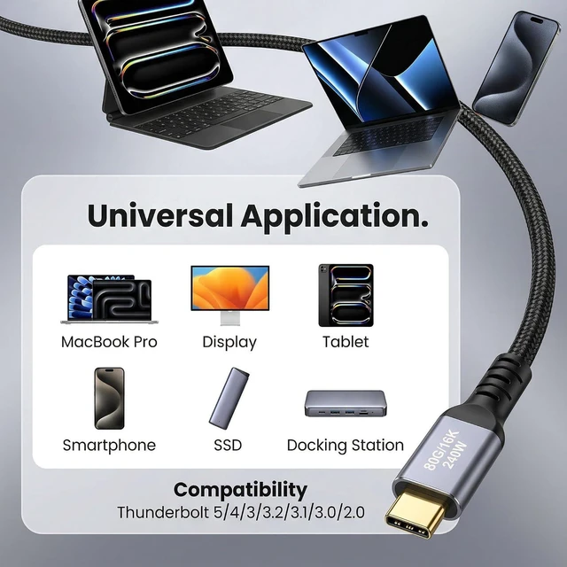 Alt view image 6 of 6 - SZRMCC USB 5 USB C Cable 80Gbps Data Transfer,240W PD Fast Charging,120Gbps Bandwidth for 16K Video Display,Compatible with iPhone 16, MacBook, Studio Display. (2m)