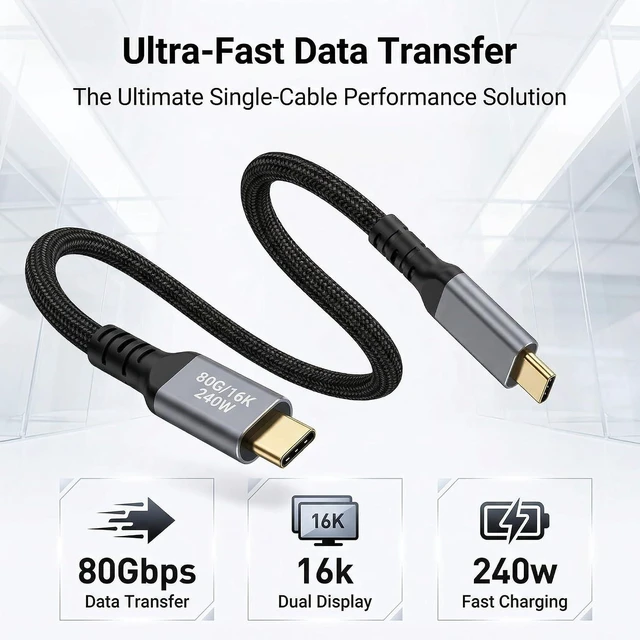 Alt view image 2 of 6 - SZRMCC USB 5 USB C Cable 80Gbps Data Transfer,240W PD Fast Charging,120Gbps Bandwidth for 16K Video Display,Compatible with iPhone 16, MacBook, Studio Display. (2m)