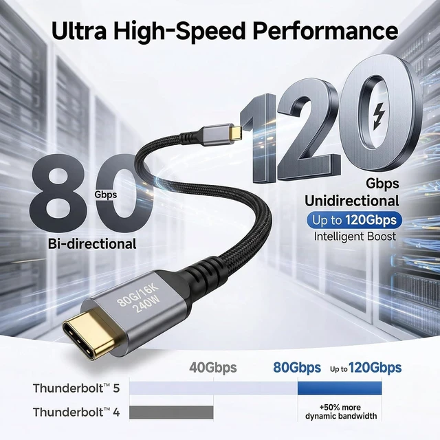 Alt view image 3 of 6 - SZRMCC USB 5 USB C Cable 80Gbps Data Transfer,240W PD Fast Charging,120Gbps Bandwidth for 16K Video Display,Compatible with iPhone 16, MacBook, Studio Display. (2m)