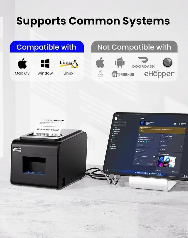 Alt view image 2 of 7 - vretti Thermal Receipt Printer, 3'1/8 80mm Direct Thermal Printer with USB Serial LAN Port - Kitchen POS Printer ESC/POS Command Support Cash Drawer, Not for Square