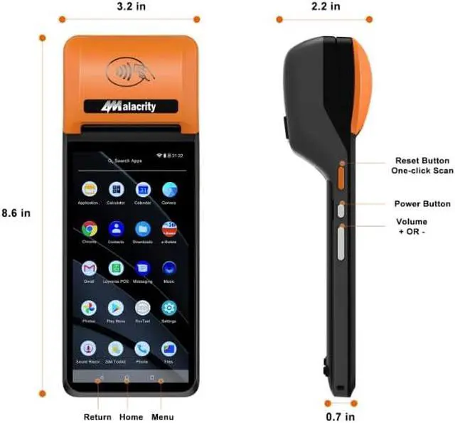 Alt view image 2 of 6 - Alacrity Handheld Mobile POS PDA Terminal, 1D 2D Scan Module, 58mm Receipt Printer, Android 12, 5.9" Touch Screen Supports 4G WiFi Bluetooth, Perfect to Manage Queues, Online, Mobile & Takeaway Orders
