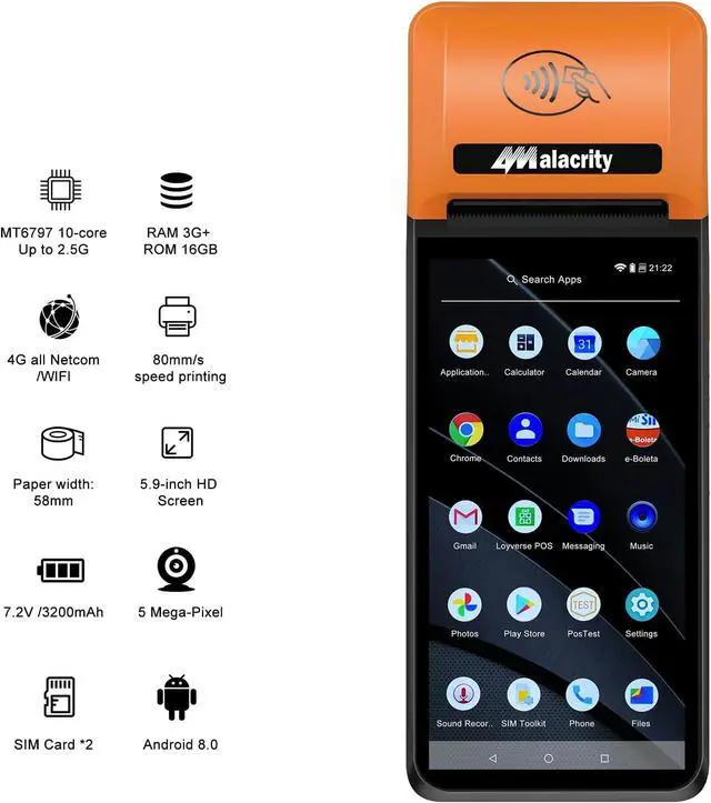 Alt view image 3 of 6 - Alacrity Handheld Mobile POS PDA Terminal, 1D 2D Scan Module, 58mm Receipt Printer, Android 12, 5.9" Touch Screen Supports 4G WiFi Bluetooth, Perfect to Manage Queues, Online, Mobile & Takeaway Orders