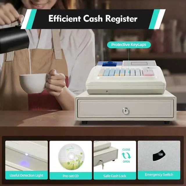 Alt view image 5 of 7 - Electronic Cash Register, POS Casher Thermal Printing Electronic with Receipt and Journal Printer,48 Keys 8 Digital LED Cash Register with Cash Detection Light for Business,13.18 x 14.96 x 3.74In