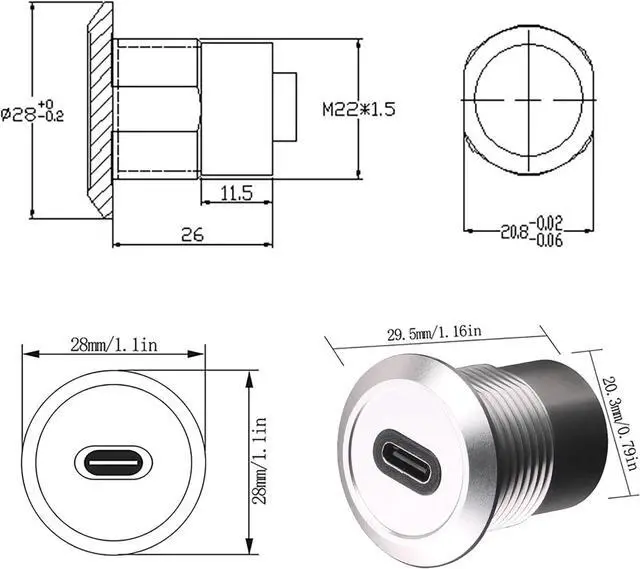Alt view image 5 of 5 - USB USBC Type C Typec Female to Female F-F Panel Mount Extention Round Metal Adapter
