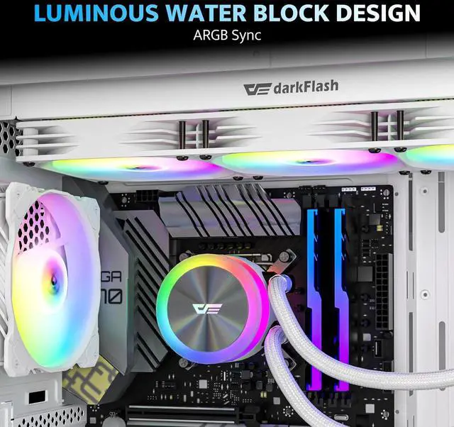Alt view image 4 of 7 - darkFlash DG360 All-in-one Liquid CPU Cooler, High-Performance Pump, ARGB Sync, PWM Daisy Chain Connection Fans, AIO Cooler Compatible with Intel 1851/1700, AMD AM4/AM5 (White, 360mm AIO)