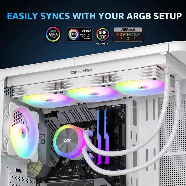 Alt view image 6 of 7 - darkFlash DG360 All-in-one Liquid CPU Cooler, High-Performance Pump, ARGB Sync, PWM Daisy Chain Connection Fans, AIO Cooler Compatible with Intel 1851/1700, AMD AM4/AM5 (White, 360mm AIO)