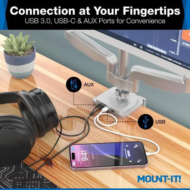 Alt view image 3 of 7 - Mount-It! Triple Monitor Mount with Gas Spring Arms, Fits 2432 Inch Screens, USB & Audio Ports, Full Motion Desk Stand with Tilt, Swivel & Rotation, Heavy Duty Silver 3 Screen Arm with Clamp