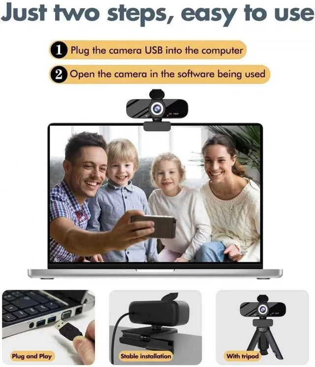 Alt view image 3 of 7 - Tewiky Full HD Webcam with Built-in Microphone and Rotatable Tripod, 1080P Video and Wide Angle Camera, Privacy Cover, for Desktop PC or Laptop Computer