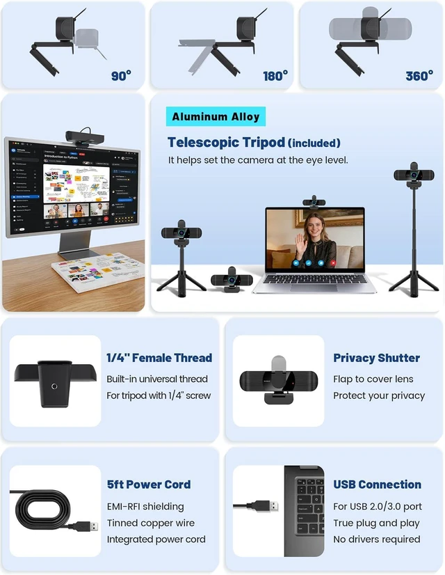 Alt view image 3 of 7 - Pro HD 1080p/30fps Webcam with Tripod, External USB Camera for PC/Laptop