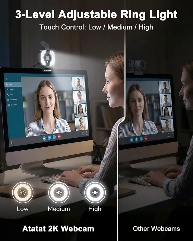 Alt view image 2 of 7 - Atatat 2K Webcam for PC with Light, Microphone, Privacy Cover