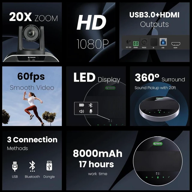 Alt view image 3 of 7 - 20x Zoom Conference Room Camera System TONGVEO All-in-1 Video and Audio Conferencing System 20X Optical Zoom USB3.0 HDMI PTZ Camera and Conference speaker with microphone Bundle for large Meeting Room