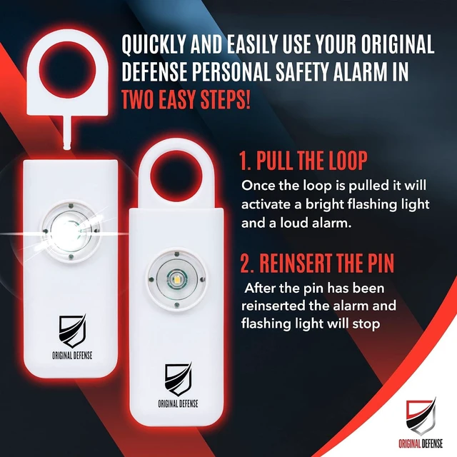 Alt view image 3 of 7 - Original Defense® Siren Self-Defense Alarm - 130 dB Keychain Alarm with LED Strobe Light for Women, Children, and Elderly - Police Recommended - (White, 1 Count)