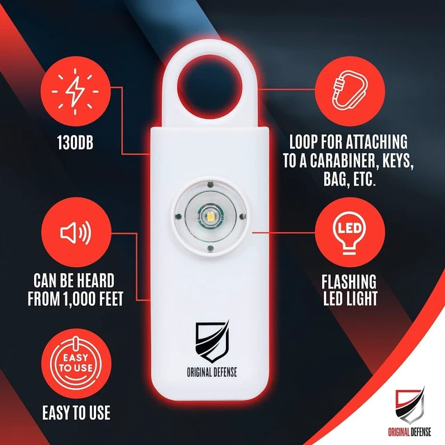 Alt view image 2 of 7 - Original Defense® Siren Self-Defense Alarm - 130 dB Keychain Alarm with LED Strobe Light for Women, Children, and Elderly - Police Recommended - (White, 1 Count)