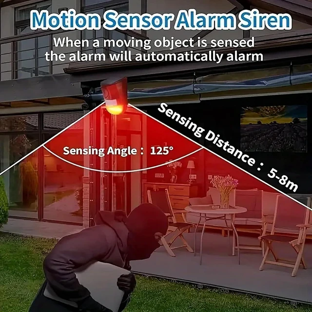 Alt view image 3 of 7 - Solar Sound & Light Alarm Motion Sensor 110 Decibels Siren Sound Alert & 6LEDs Flash Warning Strobe Security Alarm System for Farm Villa(1 Pack)