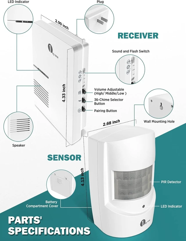 Alt view image 6 of 7 - 1byone Driveway Alarm, 36 Melodies, 1 Plug-in Receiver 2 PIR Detectors