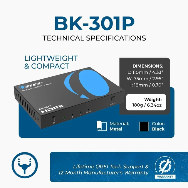 Alt view image 5 of 7 - OREI 8K 3-Port HDMI 2.1 Switch, 3-in 1-Out, 8K@60Hz, Manual & Auto Switch