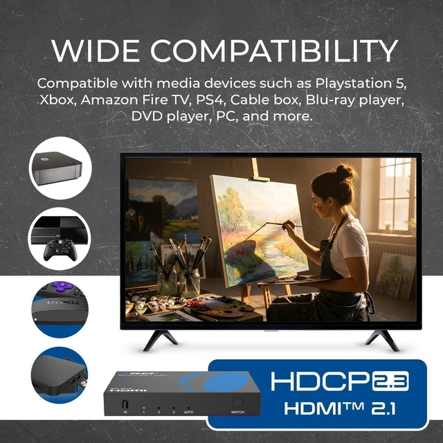 Alt view image 7 of 7 - OREI 8K 3-Port HDMI 2.1 Switch, 3-in 1-Out, 8K@60Hz, Manual & Auto Switch