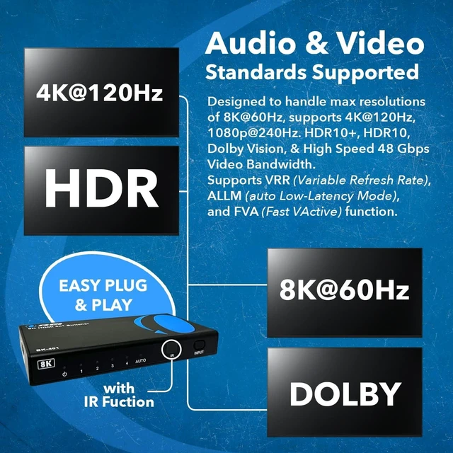 Alt view image 6 of 7 - OREI 8K 4-Port HDMI 2.1 Switch, 8K@60Hz,4-in 1-Out 4K@120Hz, Auto Switch