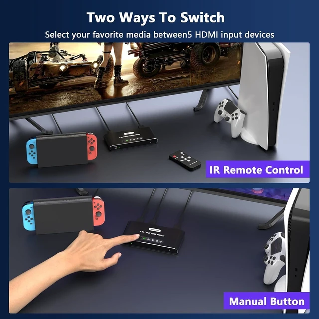 Alt view image 3 of 7 - 5 in 1 HDMI Switch with Remote 4K, 5 Port HDMI Switcher, HDMI Selector Splitter Box with LED Indicators, Game Switcher Hub with USB Powered for PS5 Xbox Fire Stick Roku TV Monitor