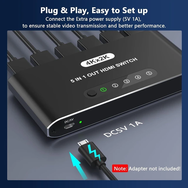 Alt view image 6 of 7 - 5 in 1 HDMI Switch with Remote 4K, 5 Port HDMI Switcher, HDMI Selector Splitter Box with LED Indicators, Game Switcher Hub with USB Powered for PS5 Xbox Fire Stick Roku TV Monitor