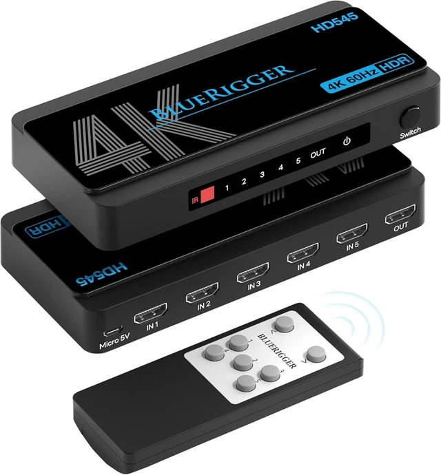 Main image of BlueRigger 4K HDMI Switch 5 in 1 Out (4K 60Hz, 5 Port Video Switcher, HDMI Hub, HDR10+, 18Gbps, Selector Box with IR Remote) Compatible with HDTV, PS5, Xbox, Apple TV, Projector, Blu-Ray