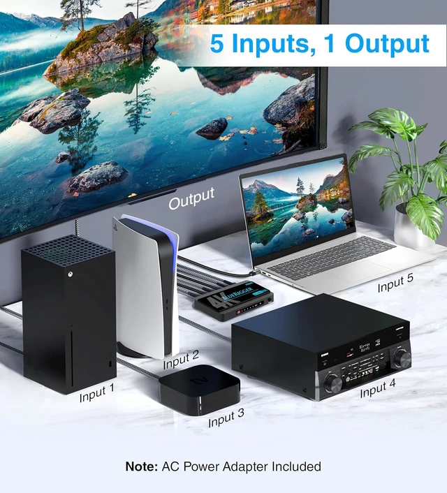 Alt view image 5 of 7 - BlueRigger 4K HDMI Switch 5 in 1 Out (4K 60Hz, 5 Port Video Switcher, HDMI Hub, HDR10+, 18Gbps, Selector Box with IR Remote) Compatible with HDTV, PS5, Xbox, Apple TV, Projector, Blu-Ray