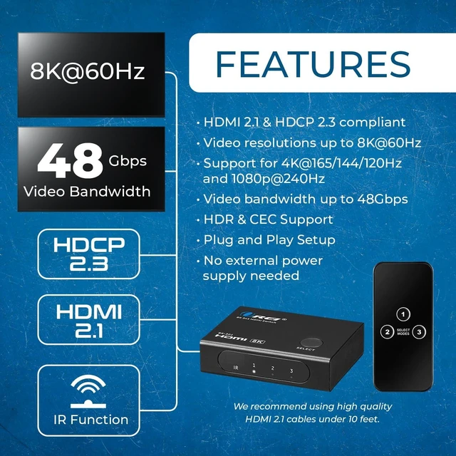 Alt view image 7 of 7 - OREI 8K 3-Port HDMI 2.1 Switch, 3-in 1-Out, 8K@60Hz, CEC, HDR, IR Remote