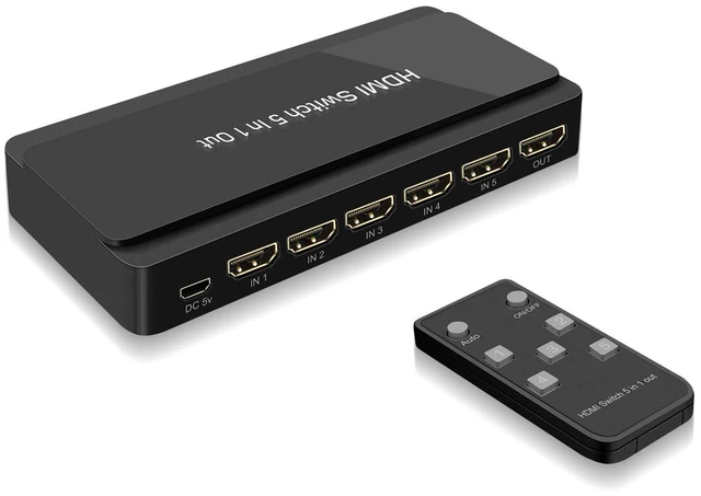 Main image of LVY HDMI Switch, 5 in-1 Out HDMI Selector Box with IR Remote Control Support 4k * 2k Ultra HD and 3D with IR Remote HDCP 1.4 for Xbox, PS4/PS5, Fire Stick, Roku, Apple TV, Blu-ray Player etc.