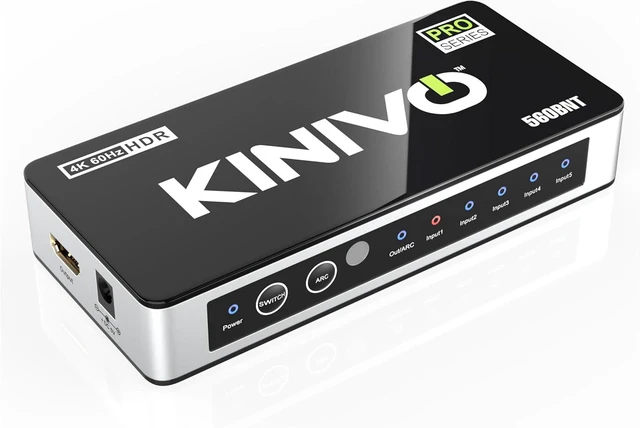 Main image of Kinivo HDMI Switch with Audio Extractor 560BNT (5 in 1 Out Hub, Toslink Optical Audio Port, SPDIF, 4K 60Hz Switcher, 18Gbps, IR Remote) - Compatible with Gaming Console, Cable TV, PC, Dolby Digital