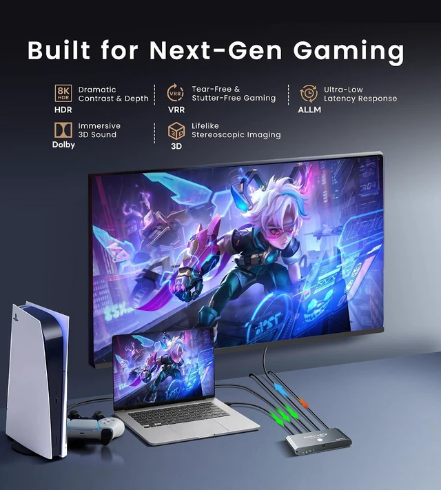 Alt view image 6 of 7 - 4K@120Hz HDMI 2.1 Switch 3 in 1 Out with HDMI Cable, 8K@60Hz, 48Gbps Remote