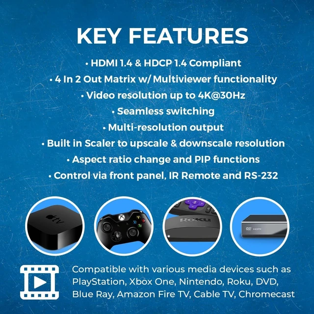 Alt view image 7 of 7 - OREI 4x2 Quad Multi HDMI Viewer 4K Downscale RS-232 IR 3.5mm/Analog OSD