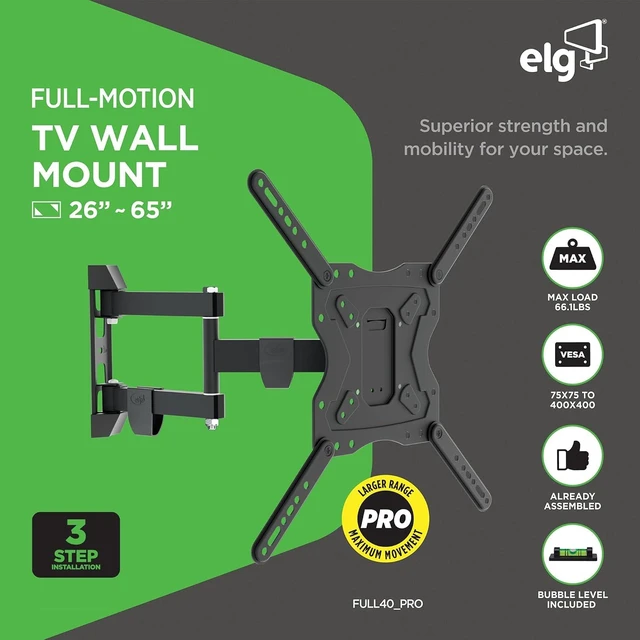 Alt view image 2 of 7 - ELG Full Motion TV Wall Mount, 26"-65" TVs up to 66.1 lbs, 16" Reach, 3-Joint Arm, Swivel, Tilt, VESA 75x75 to 400x400mm, Pre-Assembled, Carbon Steel, Black