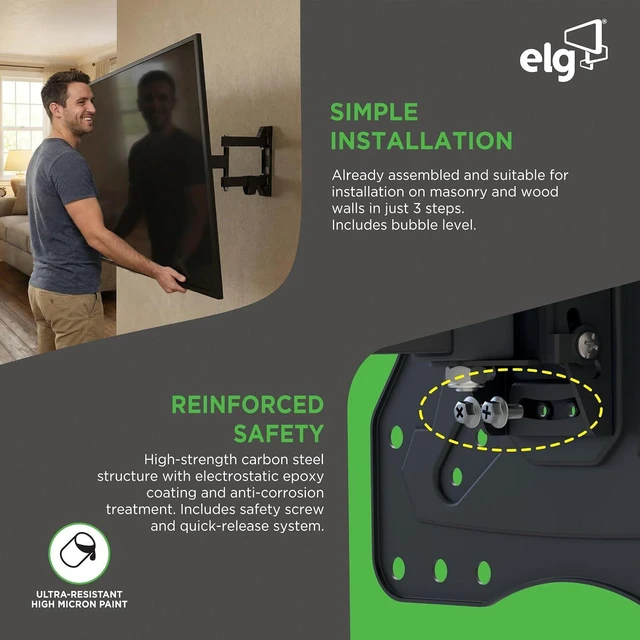Alt view image 3 of 7 - ELG Full Motion TV Wall Mount, 26"-65" TVs up to 66.1 lbs, 16" Reach, 3-Joint Arm, Swivel, Tilt, VESA 75x75 to 400x400mm, Pre-Assembled, Carbon Steel, Black