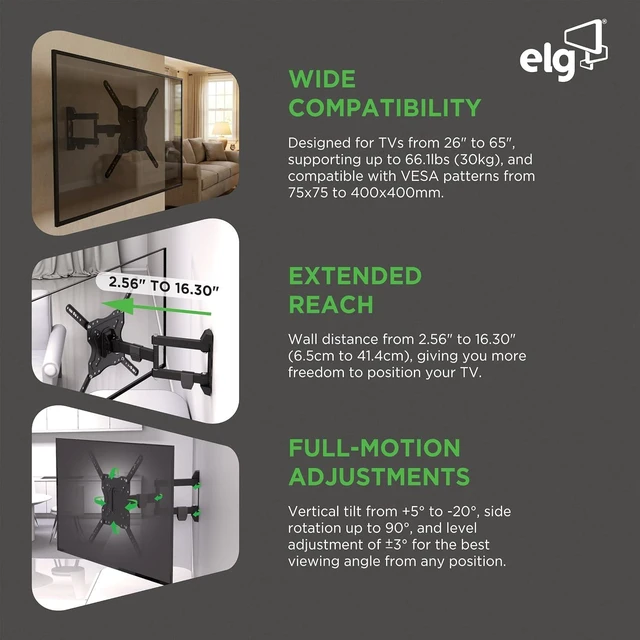 Alt view image 5 of 7 - ELG Full Motion TV Wall Mount, 26"-65" TVs up to 66.1 lbs, 16" Reach, 3-Joint Arm, Swivel, Tilt, VESA 75x75 to 400x400mm, Pre-Assembled, Carbon Steel, Black