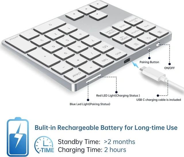 Alt view image 4 of 7 - Bluetooth Number Pad, Rechargeable Wireless Numeric Keypad Slim 34-Keys Aluminum Number Keypad External Data Entry Compatible for Laptop