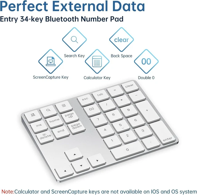 Alt view image 6 of 7 - Bluetooth Number Pad, Rechargeable Wireless Numeric Keypad Slim 34-Keys Aluminum Number Keypad External Data Entry Compatible for Laptop